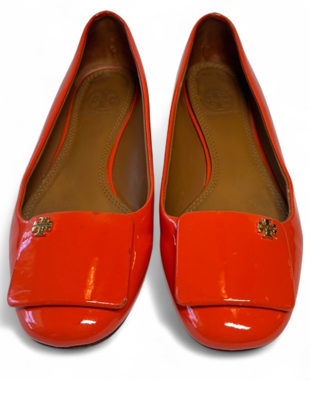 Tory Burch Yardley Patent Leather Ballet Flats in a vibrant red-orange hue. 6